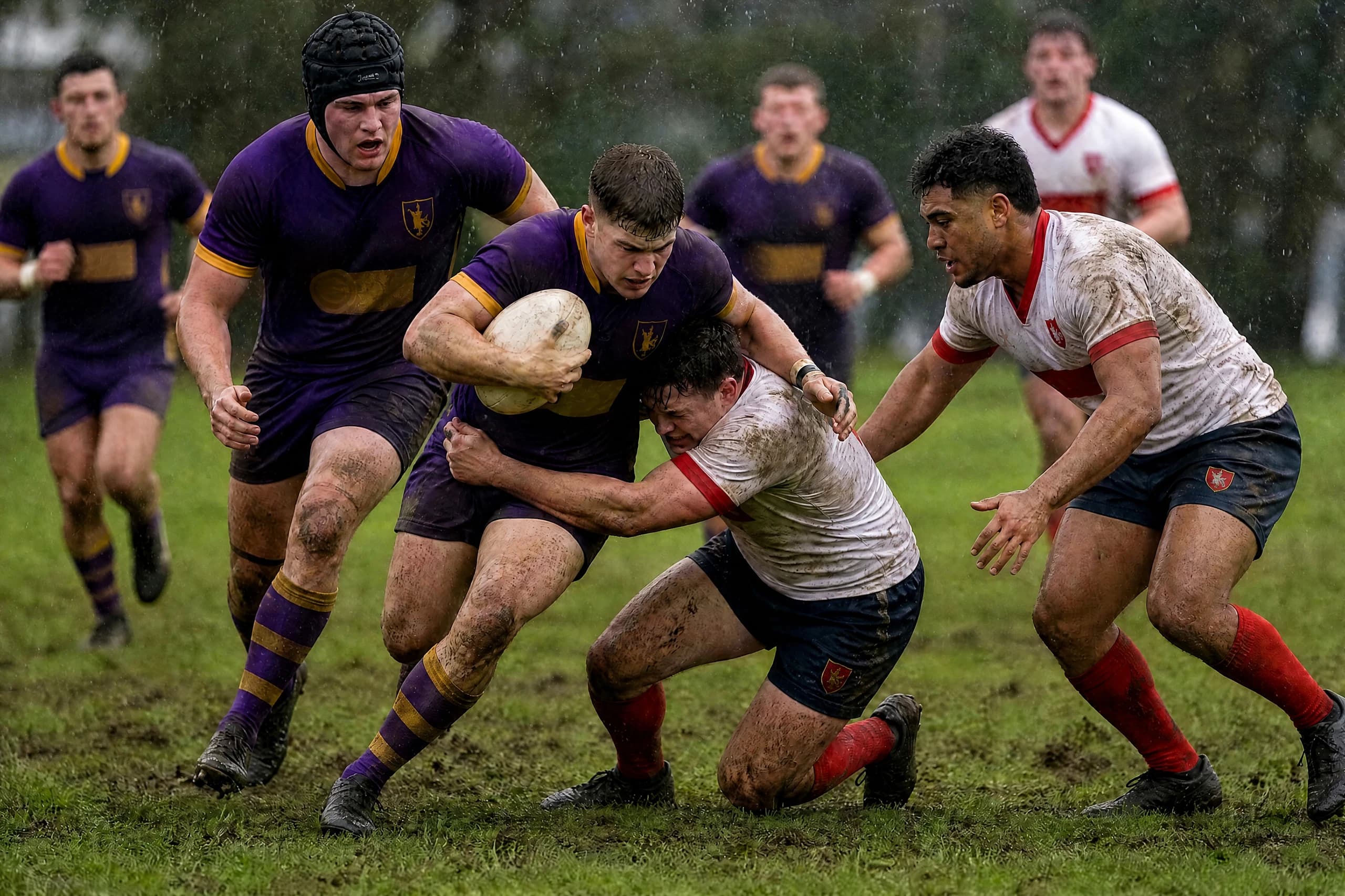 A player in purple and gold carrying the ball into a tackle on a muddy pitch in the rain